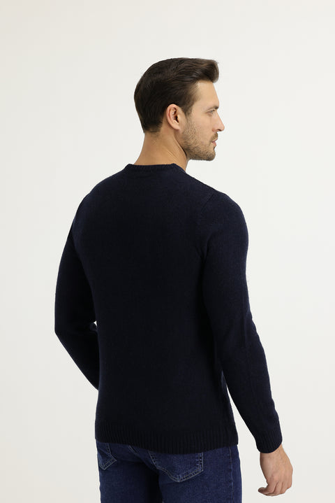 Orta Lacivert Bisiklet Yaka Slim Fit Dar Kesim Yünlü Triko Kazak