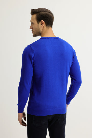 Saks Mavi Bisiklet Yaka Regular Fit Triko Kazak