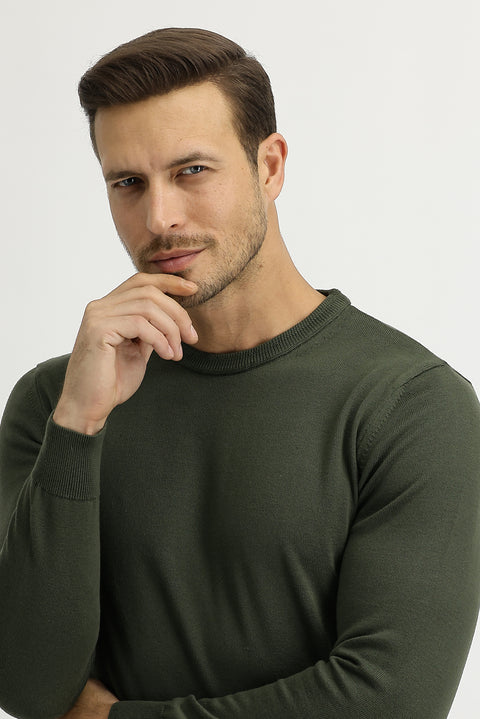 Açık Haki Bisiklet Yaka Regular Fit Triko Kazak