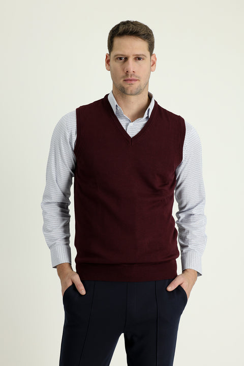 Dark Burgundy V-Neck Cotton Knit Sweater