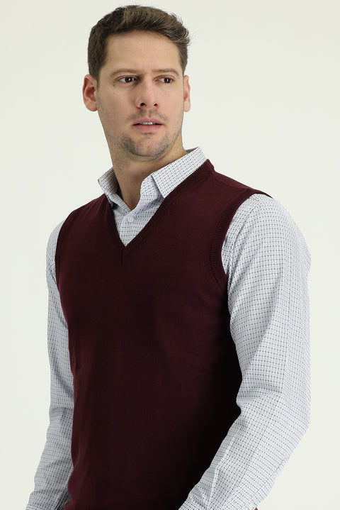Dark Burgundy V-Neck Cotton Knit Sweater