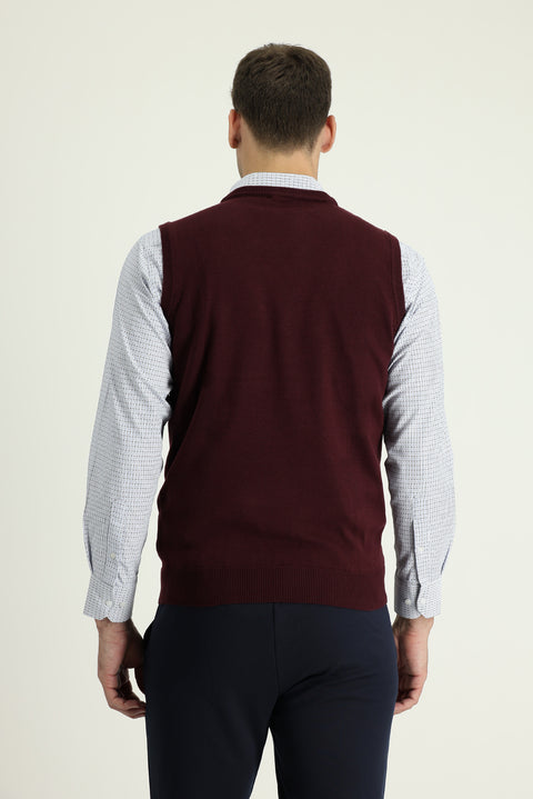 Dark Burgundy V-Neck Cotton Knit Sweater