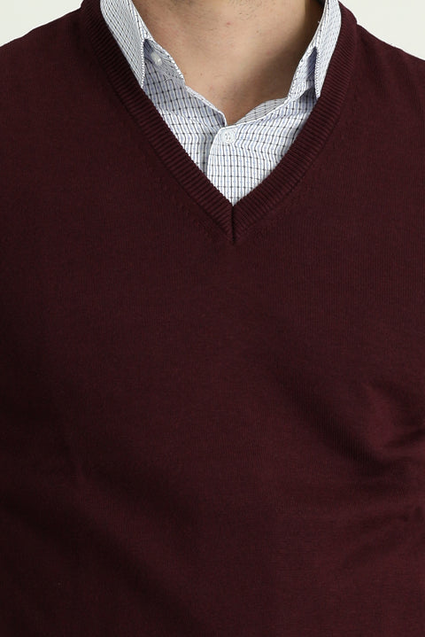 Dark Burgundy V-Neck Cotton Knit Sweater