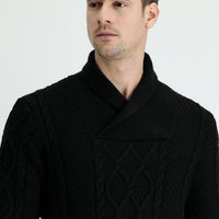 Siyah Şal Yaka Regular Fit Desenli Yünlü Triko Kazak
