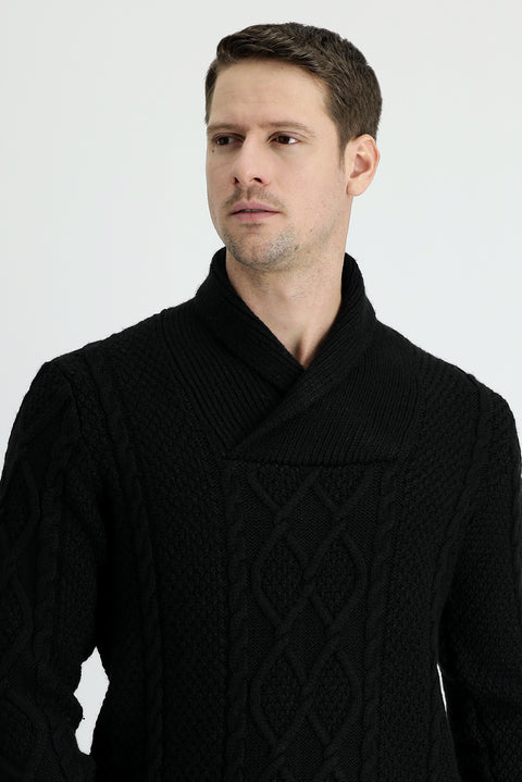 Siyah Şal Yaka Regular Fit Desenli Yünlü Triko Kazak