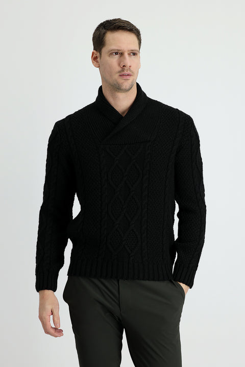 Siyah Şal Yaka Regular Fit Desenli Yünlü Triko Kazak