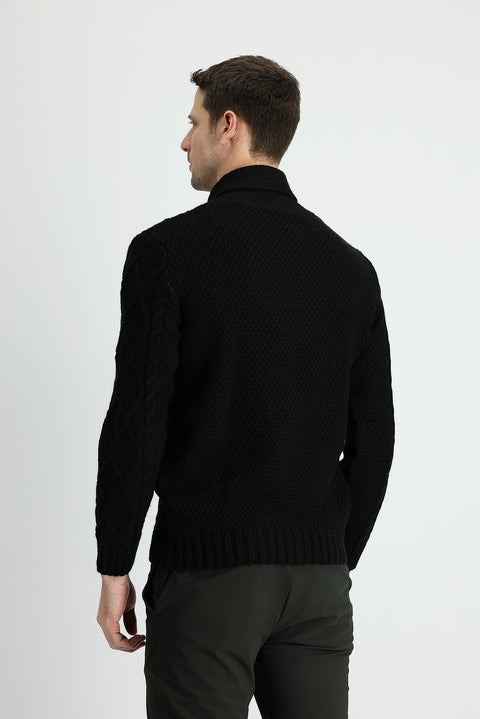 Siyah Şal Yaka Regular Fit Desenli Yünlü Triko Kazak