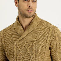 Açık Camel Şal Yaka Regular Fit Desenli Yünlü Triko Kazak