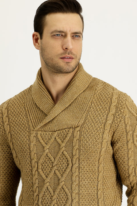 Açık Camel Şal Yaka Regular Fit Desenli Yünlü Triko Kazak