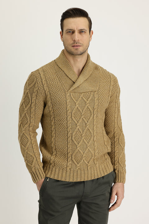 Açık Camel Şal Yaka Regular Fit Desenli Yünlü Triko Kazak