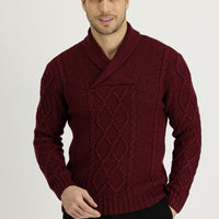 Koyu Bordo Şal Yaka Regular Fit Desenli Yünlü Triko Kazak