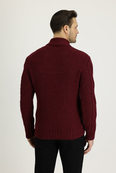 Koyu Bordo Şal Yaka Regular Fit Desenli Yünlü Triko Kazak