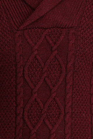  Koyu Bordo Şal Yaka Regular Fit Desenli Yünlü Triko Kazak