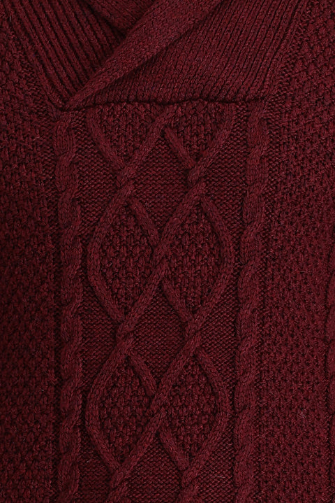 Koyu Bordo Şal Yaka Regular Fit Desenli Yünlü Triko Kazak