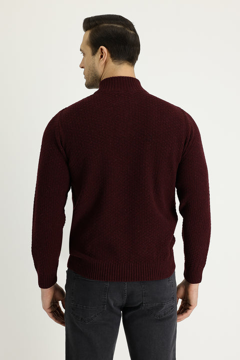 Koyu Bordo Yarım Balıkçı Yaka Regular Fit Fermuarlı Yünlü Desenli Triko Kazak