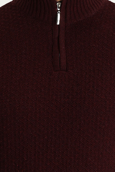 Koyu Bordo Yarım Balıkçı Yaka Regular Fit Fermuarlı Yünlü Desenli Triko Kazak