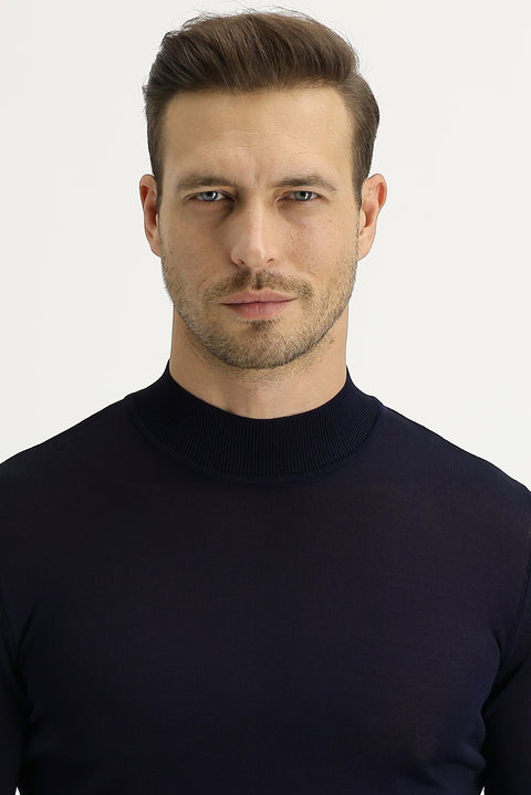 Koyu Lacivert Yarım Balıkçı Yaka Slim Fit Dar Kesim Triko Kazak