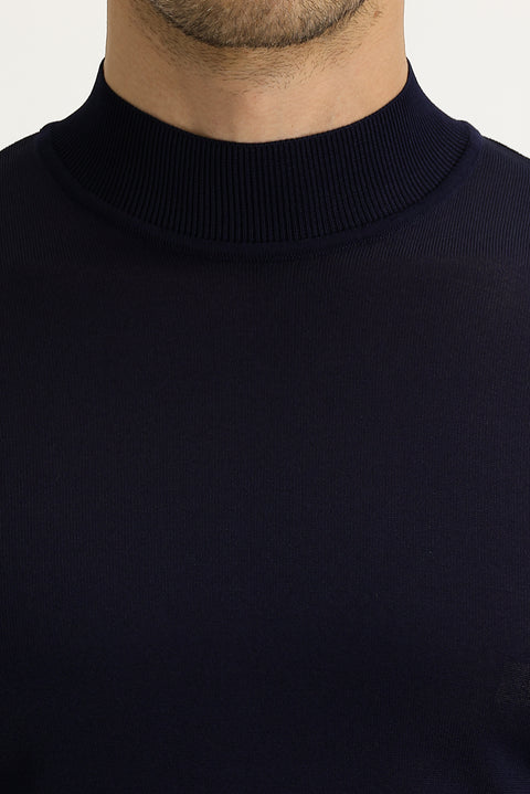 Dark Navy Semi-Turtleneck Slim Fit Narrow Cut Knit Sweater