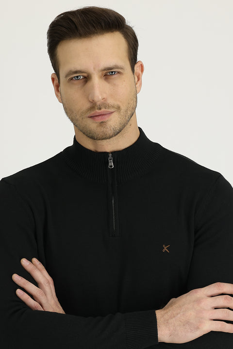 Siyah Yarım Balıkçı Yaka Slim Fit Dar Kesim Fermuarlı Nakışlı Pamuklu Triko Kazak