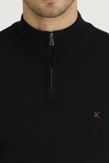 Siyah Yarım Balıkçı Yaka Slim Fit Dar Kesim Fermuarlı Nakışlı Pamuklu Triko Kazak