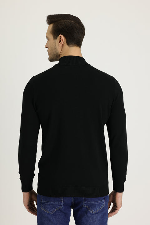 Siyah Yarım Balıkçı Yaka Slim Fit Dar Kesim Fermuarlı Nakışlı Pamuklu Triko Kazak