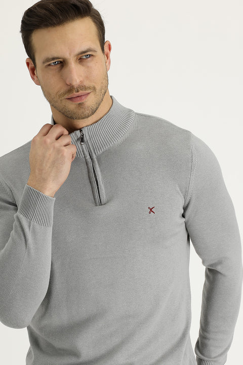 Açık Gri Melanj Yarım Balıkçı Yaka Slim Fit Dar Kesim Fermuarlı Nakışlı Pamuklu Triko Kazak