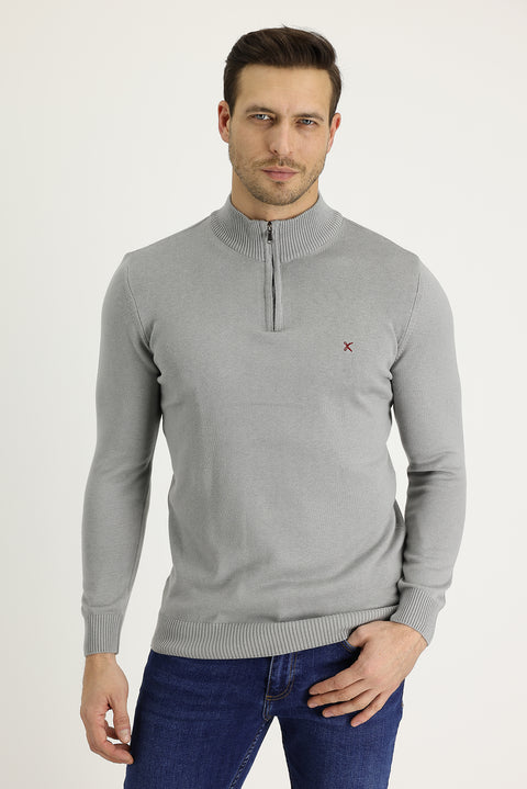 Açık Gri Melanj Yarım Balıkçı Yaka Slim Fit Dar Kesim Fermuarlı Nakışlı Pamuklu Triko Kazak