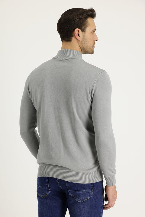 Açık Gri Melanj Yarım Balıkçı Yaka Slim Fit Dar Kesim Fermuarlı Nakışlı Pamuklu Triko Kazak