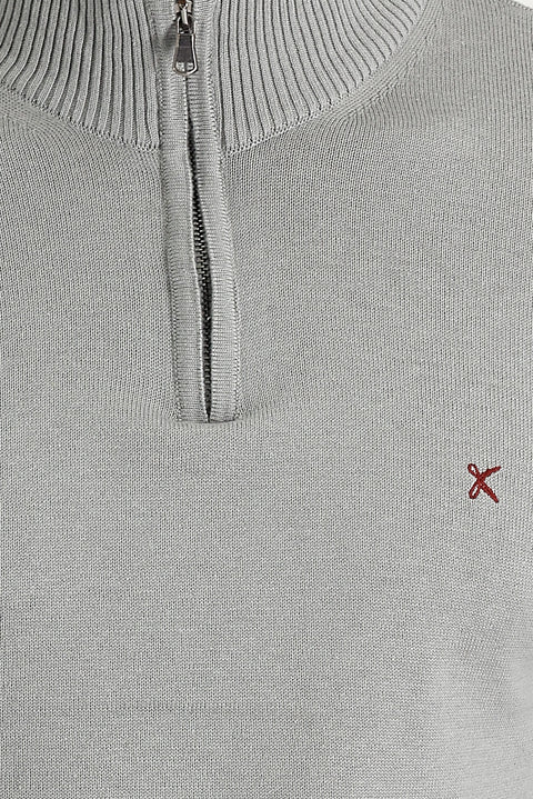 Açık Gri Melanj Yarım Balıkçı Yaka Slim Fit Dar Kesim Fermuarlı Nakışlı Pamuklu Triko Kazak