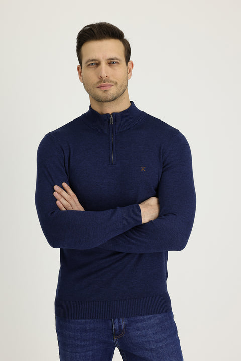 Orta Lacivert Melanj Yarım Balıkçı Yaka Slim Fit Dar Kesim Fermuarlı Nakışlı Pamuklu Triko Kazak