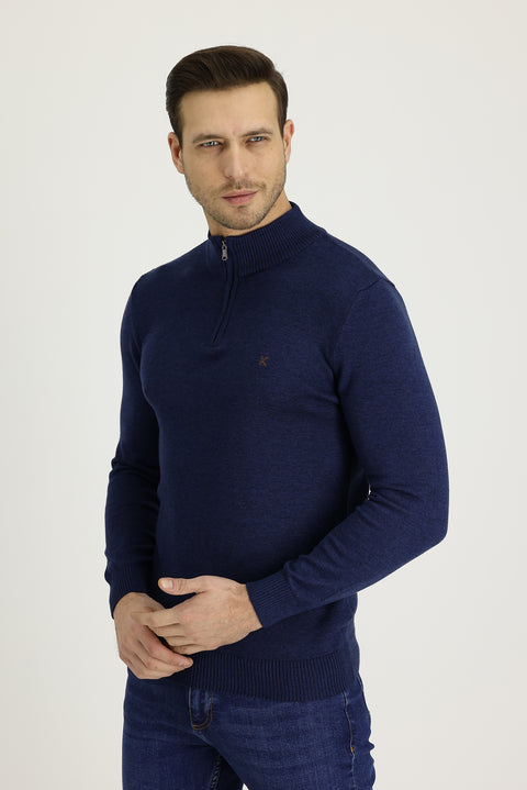 Orta Lacivert Melanj Yarım Balıkçı Yaka Slim Fit Dar Kesim Fermuarlı Nakışlı Pamuklu Triko Kazak
