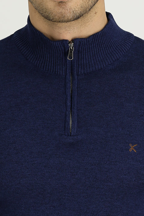 Orta Lacivert Melanj Yarım Balıkçı Yaka Slim Fit Dar Kesim Fermuarlı Nakışlı Pamuklu Triko Kazak