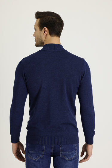 Orta Lacivert Melanj Bato Yaka Slim Fit Triko Kazak