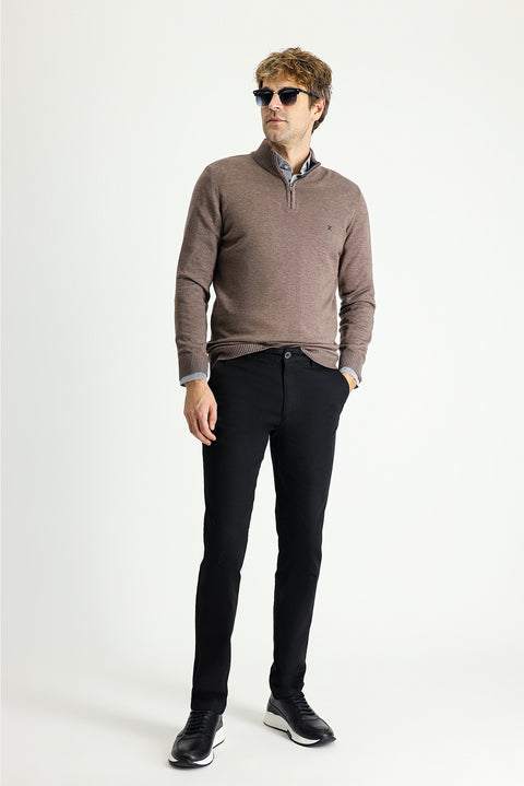 Açık Kahve Melanj Yarım Balıkçı Yaka Slim Fit Dar Kesim Fermuarlı Nakışlı Pamuklu Triko Kazak