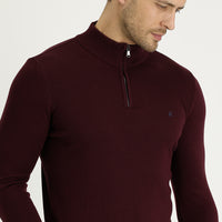 Koyu Bordo Yarım Balıkçı Yaka Slim Fit Dar Kesim Fermuarlı Nakışlı Pamuklu Triko Kazak