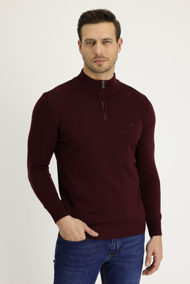  Koyu Bordo Yarım Balıkçı Yaka Slim Fit Dar Kesim Fermuarlı Nakışlı Pamuklu Triko Kazak