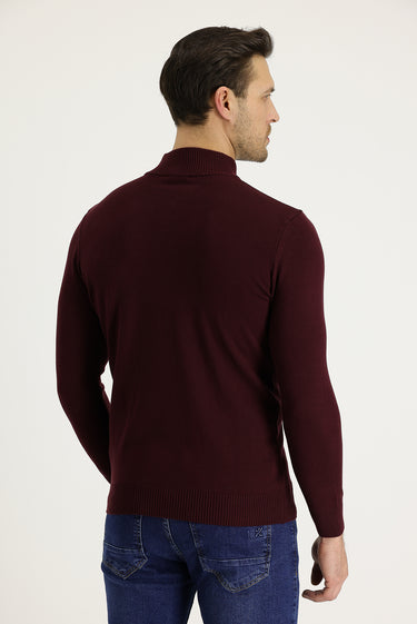 Koyu Bordo Yarım Balıkçı Yaka Slim Fit Dar Kesim Fermuarlı Nakışlı Pamuklu Triko Kazak