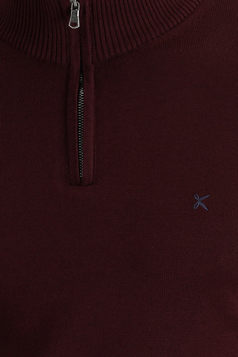Koyu Bordo Yarım Balıkçı Yaka Slim Fit Dar Kesim Fermuarlı Nakışlı Pamuklu Triko Kazak