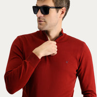 Tile-colored Semi-Turtleneck Slim Fit Narrow Cut Zip-Up Embroidered Cotton Knit Sweater