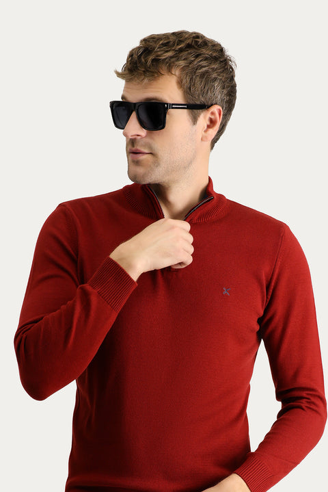 Tile-colored Semi-Turtleneck Slim Fit Narrow Cut Zip-Up Embroidered Cotton Knit Sweater