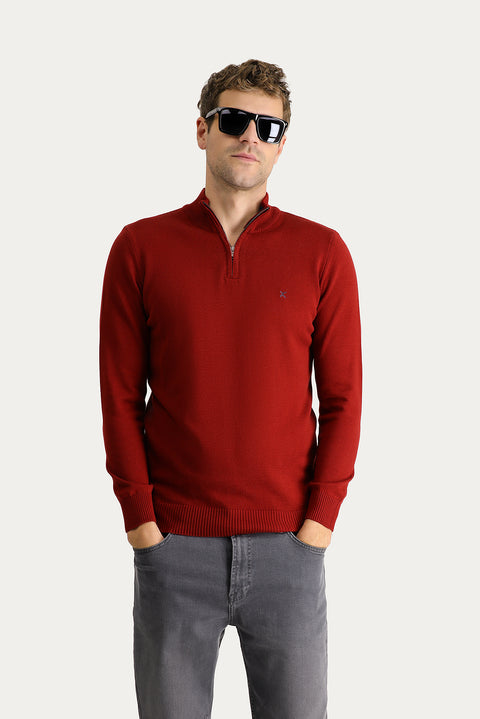 Kiremit Yarım Balıkçı Yaka Slim Fit Dar Kesim Fermuarlı Nakışlı Pamuklu Triko Kazak