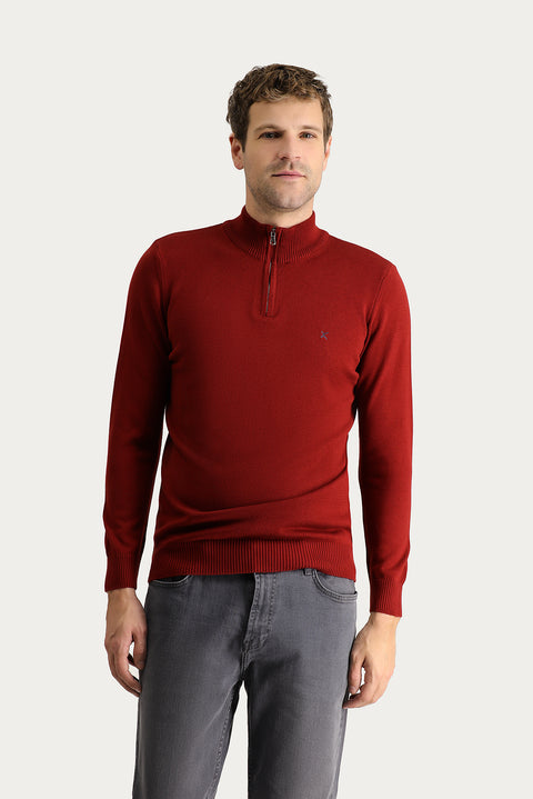 Kiremit Yarım Balıkçı Yaka Slim Fit Dar Kesim Fermuarlı Nakışlı Pamuklu Triko Kazak