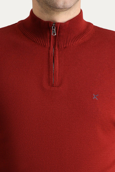 Kiremit Yarım Balıkçı Yaka Slim Fit Dar Kesim Fermuarlı Nakışlı Pamuklu Triko Kazak