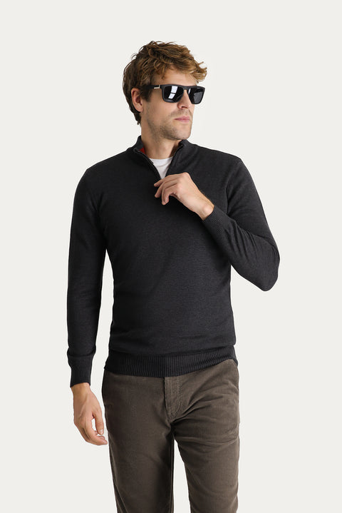 Koyu Antrasit Bato Yaka Slim Fit Triko Kazak