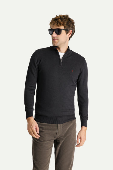  Koyu Antrasit Yarım Balıkçı Yaka Slim Fit Dar Kesim Fermuarlı Nakışlı Pamuklu Triko Kazak