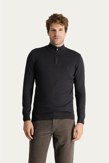  Koyu Antrasit Yarım Balıkçı Yaka Slim Fit Dar Kesim Fermuarlı Nakışlı Pamuklu Triko Kazak