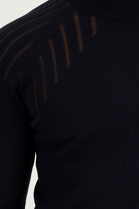 Koyu Lacivert Yarım Balıkçı Yaka Regular Fit Desenli Triko Kazak