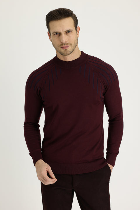 Koyu Bordo Yarım Balıkçı Yaka Regular Fit Desenli Triko Kazak
