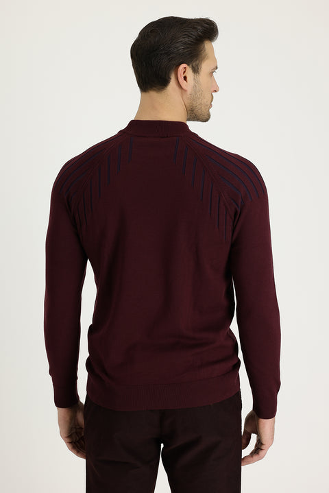 Koyu Bordo Yarım Balıkçı Yaka Regular Fit Desenli Triko Kazak