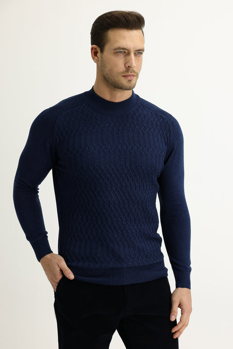 Koyu Petrol Bato Yaka Desenli Triko Kazak